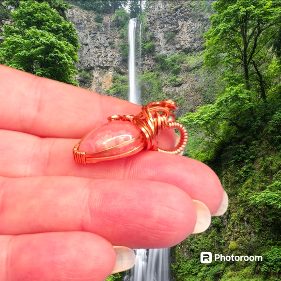 Artisan Copper Wire Wrap Rhodocrosite Pendant - Picture 3 of 6